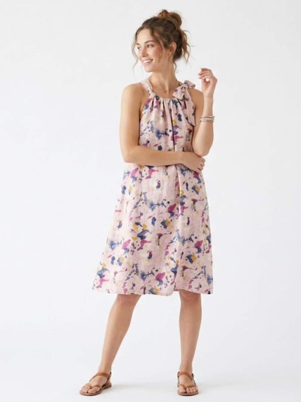 BELLAMBIA Italy Pink Floral Linen Halter Dress - S